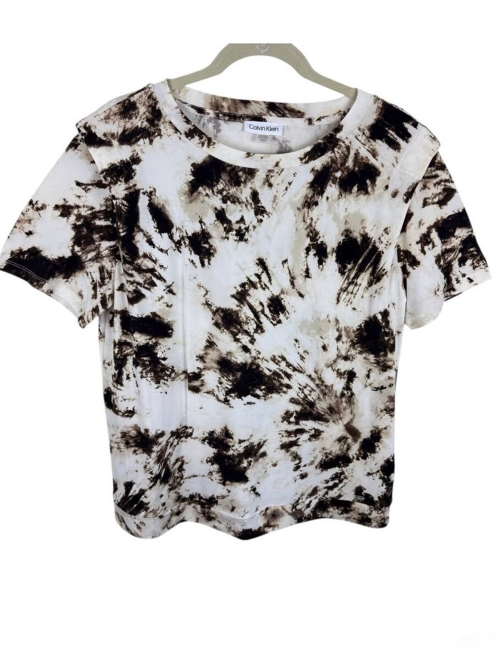 Calvin Klein Brown Cream Tie Dye Short Sleeve Stretchy Pullover Blouse Size M